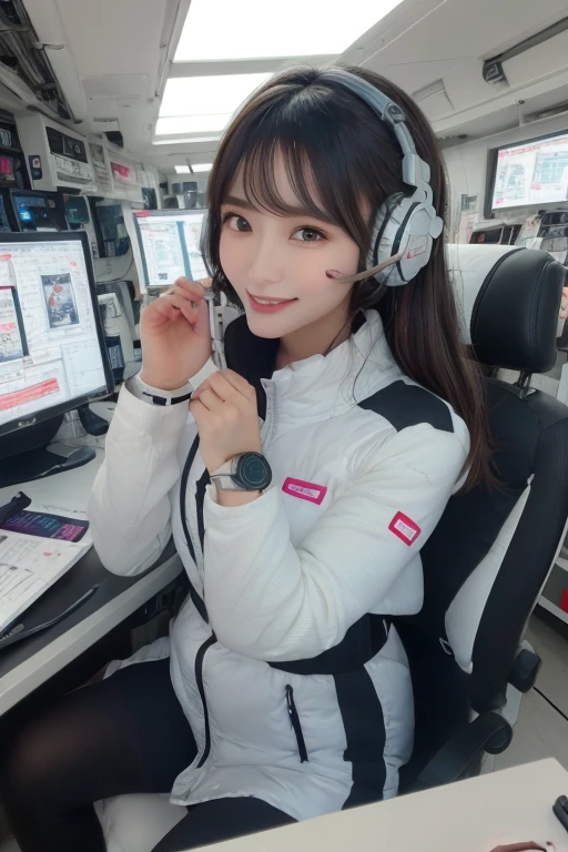 masterpiece, Highest quality, Very detailed, 8K Portrait,Japanese Android Girl,plump , Control panel,Robotic arms and legs, Blunt bangs,,break (Metallic Gray, Metallic luster, Mirror finish, Astro Best):5,headphone:5,break (Black sleeves):100,Smart Watches,Futuristic space station,Control Room,break headphone,blue eyes,(Black Hair):2,(Long Hair):1.3,Displaying the viewer,(respirator),break blush:3,Hidden Hand,smile