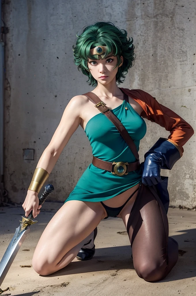 Animation worksAnime works masterpieces,most、high quality, Unreal Engine, Ultra-high resolution, Very detailed丸い胸, Medium bust 1 person, waist, Thin,(muscular:0.9)
Actress,
ring, curls, Green hair, short hair, Asymmetrical cloThing, tights, sash, One-handed gloves, single sleeve, single thigh high hole, Holding a sword, . anime style, key point, energetic, Studio anime, Very detailed、 my life is about to run out. broken equipment. Kneel down on one knee. Under enemy fire.The tights is torn to pieces.