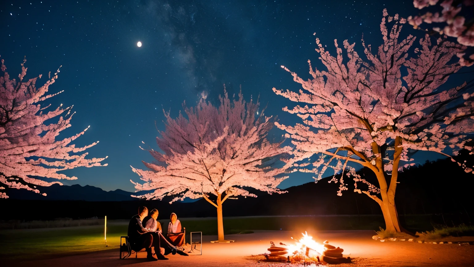 A couple sits together at a campfire at night, gazing at the bonfire, the full moon is beautiful under the stars, and the campsite is filled with cherry blossoms.