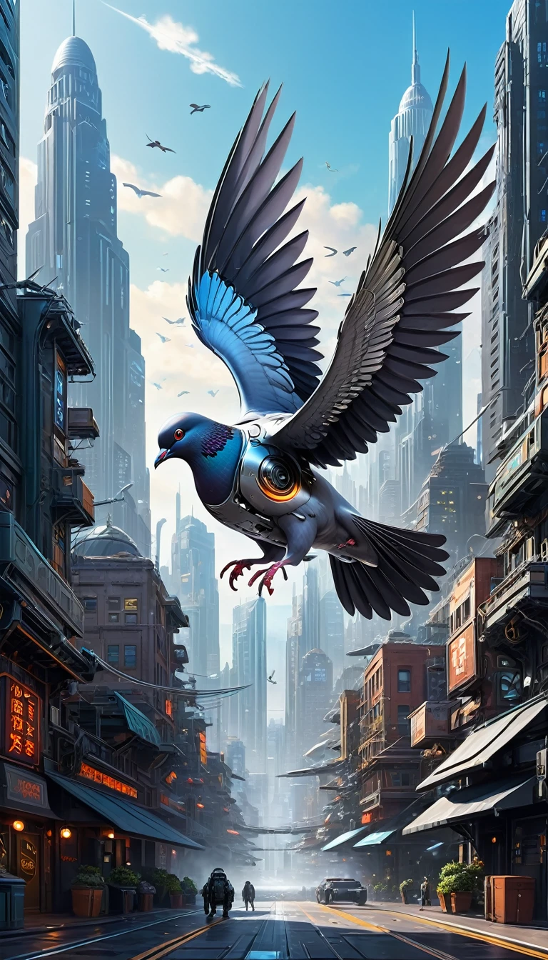 A pigeon is swooping down with its wings folded、Metal mechanical pigeon,Futuristic Metal Pigeon Mechanical Pigeon,The pigeon is made of only small metal parts.,Exquisite Mechanical Wings,Metal feathers,Precise and intricate design,Ultra-fine texture,Polished steel body,Futuristic city background,Beautiful sci-fi art, Sci-fi digital art illustration, Digital Cyberpunk Art, Science Fiction Digital Painting, Futuristic Digital Painting, Futuristic concept art, In front of a SF cityscape, science fiction digital art, 高度なDigital Cyberpunk Art, Awesome Cyberpunk Dove