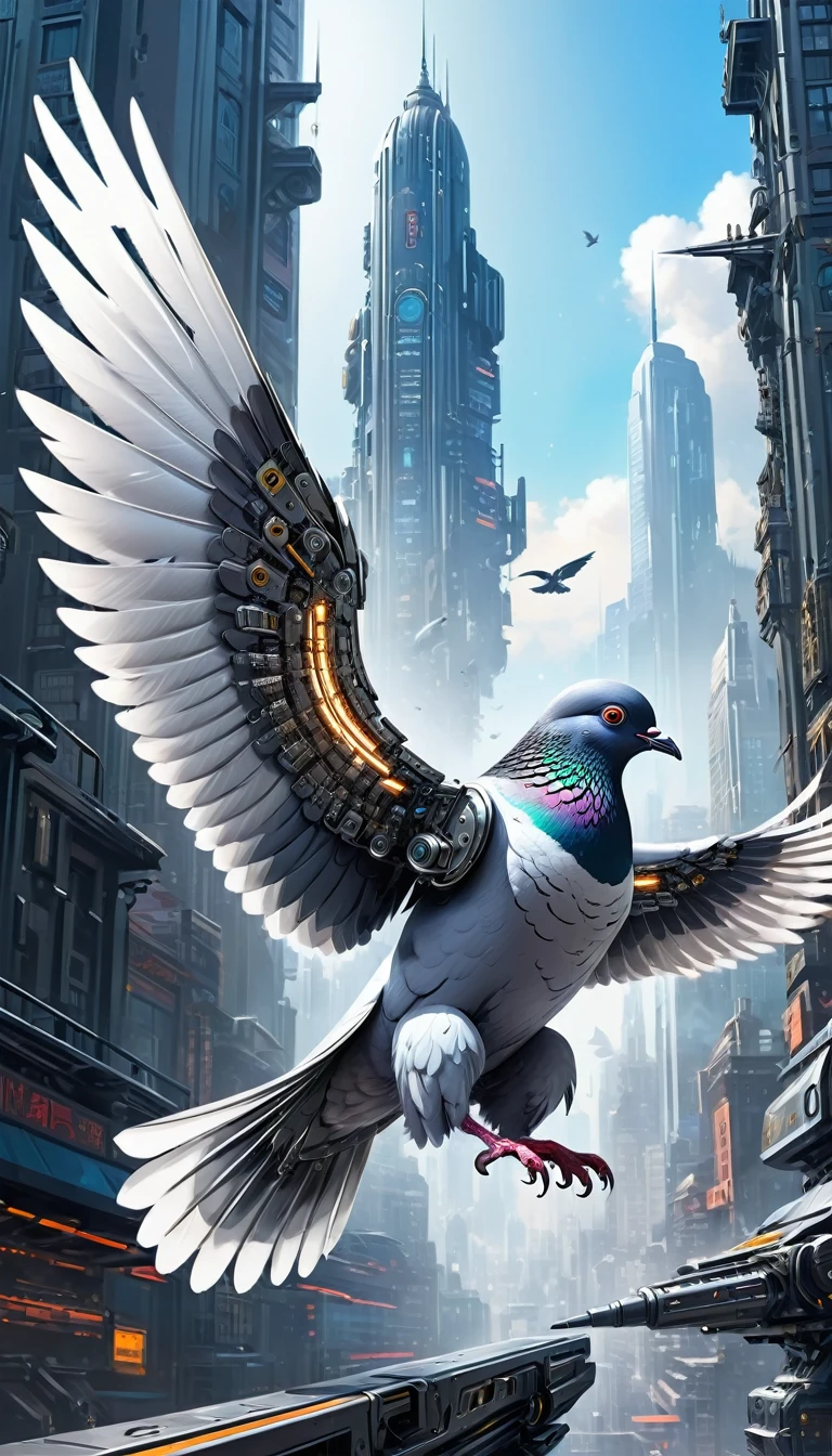 A pigeon is swooping down with its wings folded、Metal mechanical pigeon,Futuristic Metal Pigeon Mechanical Pigeon,The pigeon is made of only small metal parts.,Exquisite Mechanical Wings,Metal feathers,Precise and intricate design,Ultra-fine texture,Polished steel body,Futuristic city background,Beautiful sci-fi art, Sci-fi digital art illustration, Digital Cyberpunk Art, Science Fiction Digital Painting, Futuristic Digital Painting, Futuristic concept art, In front of a SF cityscape, science fiction digital art, 高度なDigital Cyberpunk Art, Awesome Cyberpunk Dove