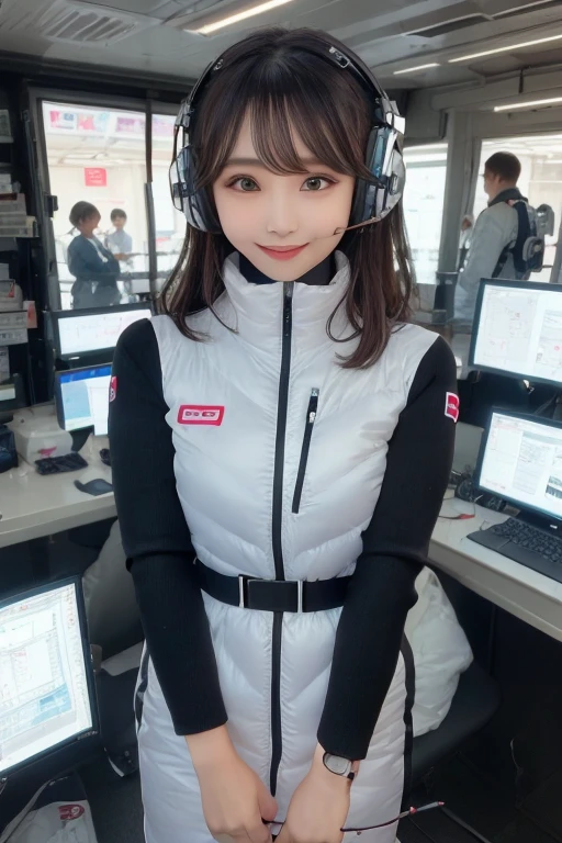 masterpiece, Highest quality, Very detailed, 8K Portrait,Japanese Android Girl,plump , Control panel,Robotic arms and legs, Blunt bangs,,break (Metallic Gray, Metallic luster, Mirror finish, Astro Best):5,headphone:5,break (Black sleeves):100,Smart Watches,Futuristic space station,Control Room,break headphone,blue eyes,(Black Hair):2,(Long Hair):1.3,Displaying the viewer,(respirator),break blush:3,Hidden Hand,smile