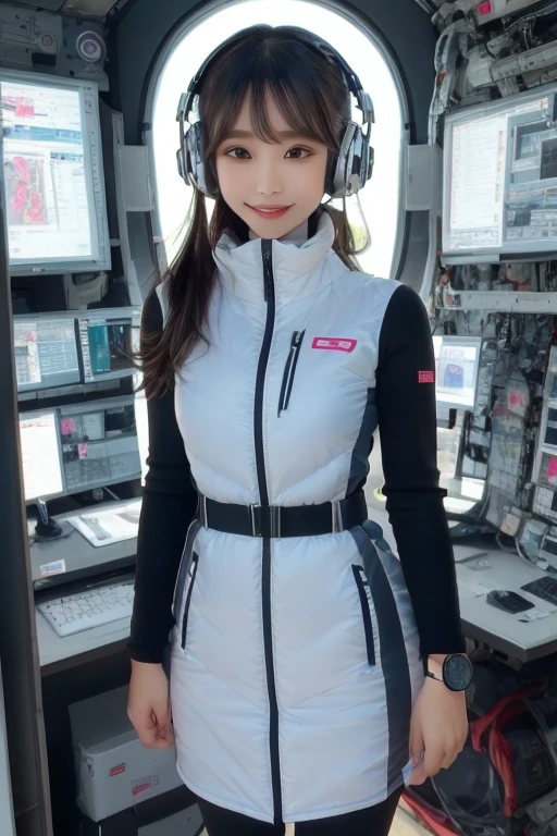 masterpiece, Highest quality, Very detailed, 8K Portrait,Japanese Android Girl,plump , Control panel,Robotic arms and legs, Blunt bangs,,break (Metallic Gray, Metallic luster, Mirror finish, Astro Best):5,headphone:5,break (Black sleeves):100,Smart Watches,Futuristic space station,Control Room,break headphone,blue eyes,(Black Hair):2,(Long Hair):1.3,Displaying the viewer,(respirator),break blush:3,Hidden Hand,smile