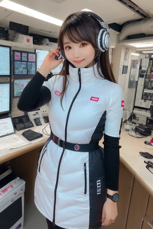 masterpiece, Highest quality, Very detailed, 8K Portrait,Japanese Android Girl,plump , Control panel,Robotic arms and legs, Blunt bangs,,break (Metallic Gray, Metallic luster, Mirror finish, Astro Best):5,headphone:5,break (Black sleeves):100,Smart Watches,Futuristic space station,Control Room,break headphone,blue eyes,(Black Hair):2,(Long Hair):1.3,Displaying the viewer,(respirator),break blush:3,Hidden Hand,smile