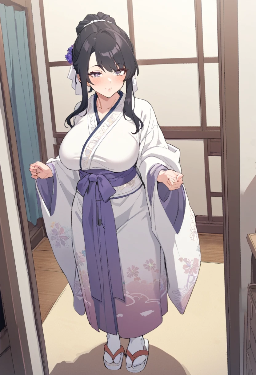 {{full body}} {{Artist: sincos}} 1girl, mature female, silky black hair tied in a elaborate updo, Large dark brown eyes with long lashes, violet eyes, curvy figure, ample bossom, beauty mark near her left eye, blue aoqun hanfu, white silk stockings, White embroidered silk slippers, indoors, standing, pov