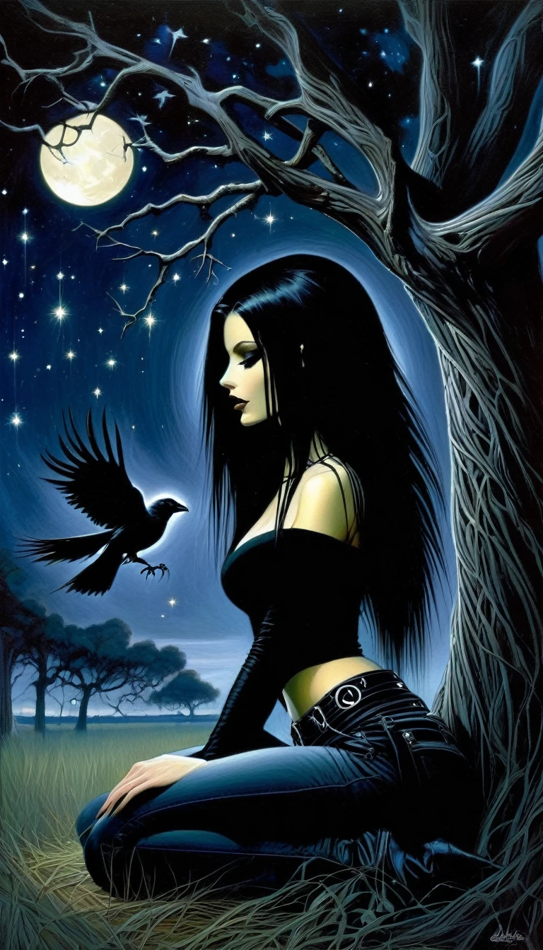 Sexy gothic girl, long black and straight hair, tight black t-shirt and jeans, small breasts, pale white skin tone, ankh symbol, a dark crow accompanies her, sitting under a tree with convoluted branches, magic, fantastic, night sky, moon , stars, background (simple oil painting in a Dave mcKean style)