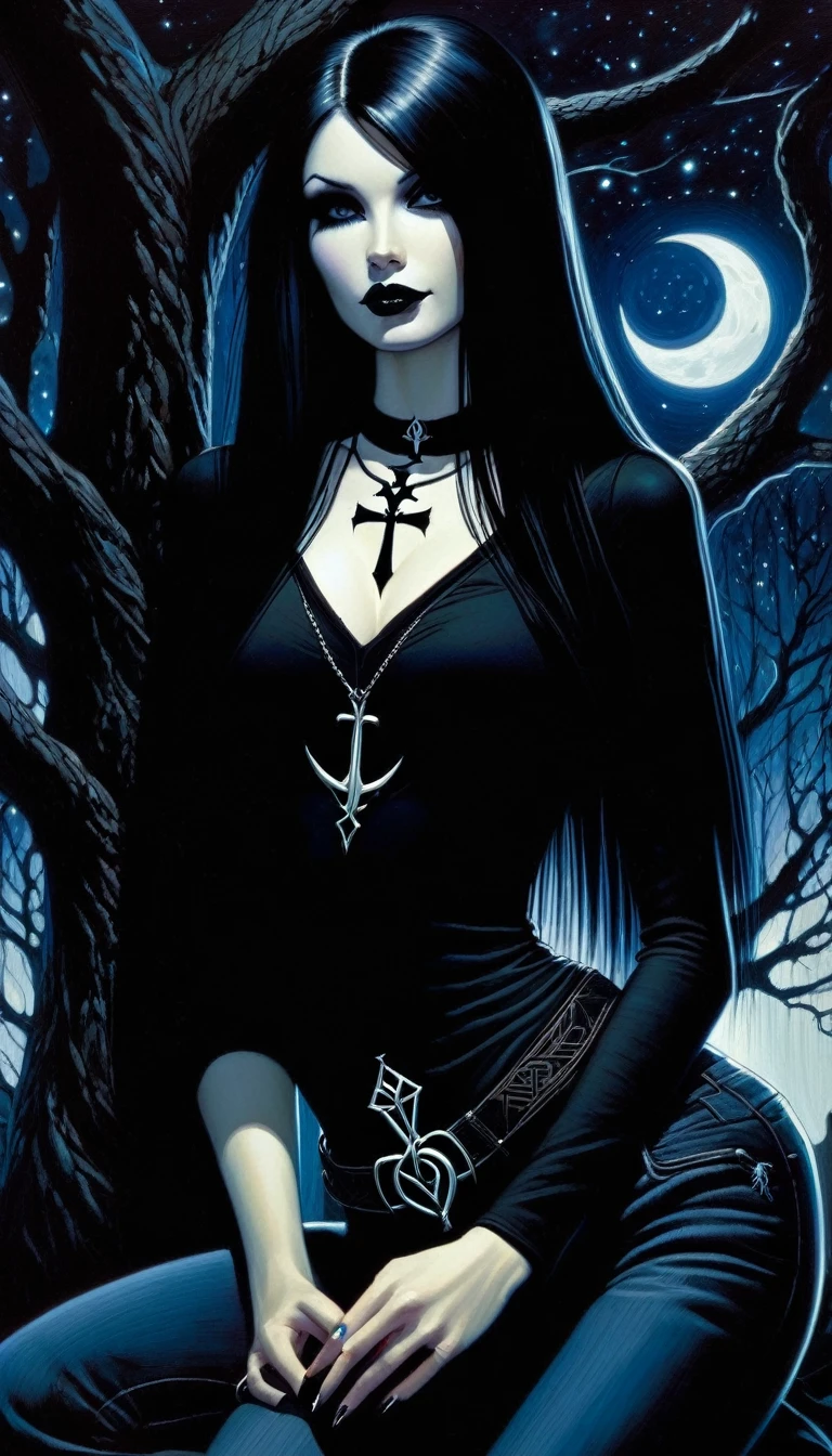 Sexy gothic girl, long black and straight hair, tight black t-shirt and jeans, small breasts, pale white skin tone, ankh symbol, a dark crow accompanies her, sitting under a tree with convoluted branches, magic, fantastic, night sky, moon , stars, background (simple oil painting in a Chris Bachalo style)

