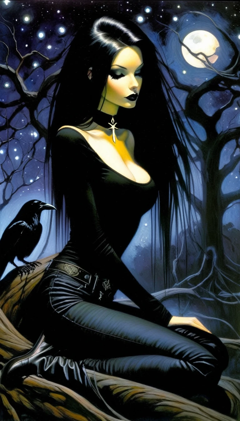 Sexy gothic girl, long black and straight hair, tight black t-shirt and jeans, small breasts, pale white skin tone, ankh symbol, a dark crow accompanies her, sitting under a tree with convoluted branches, magic, fantastic, night sky, moon , stars, background (simple oil painting in a Chris Bachalo style)