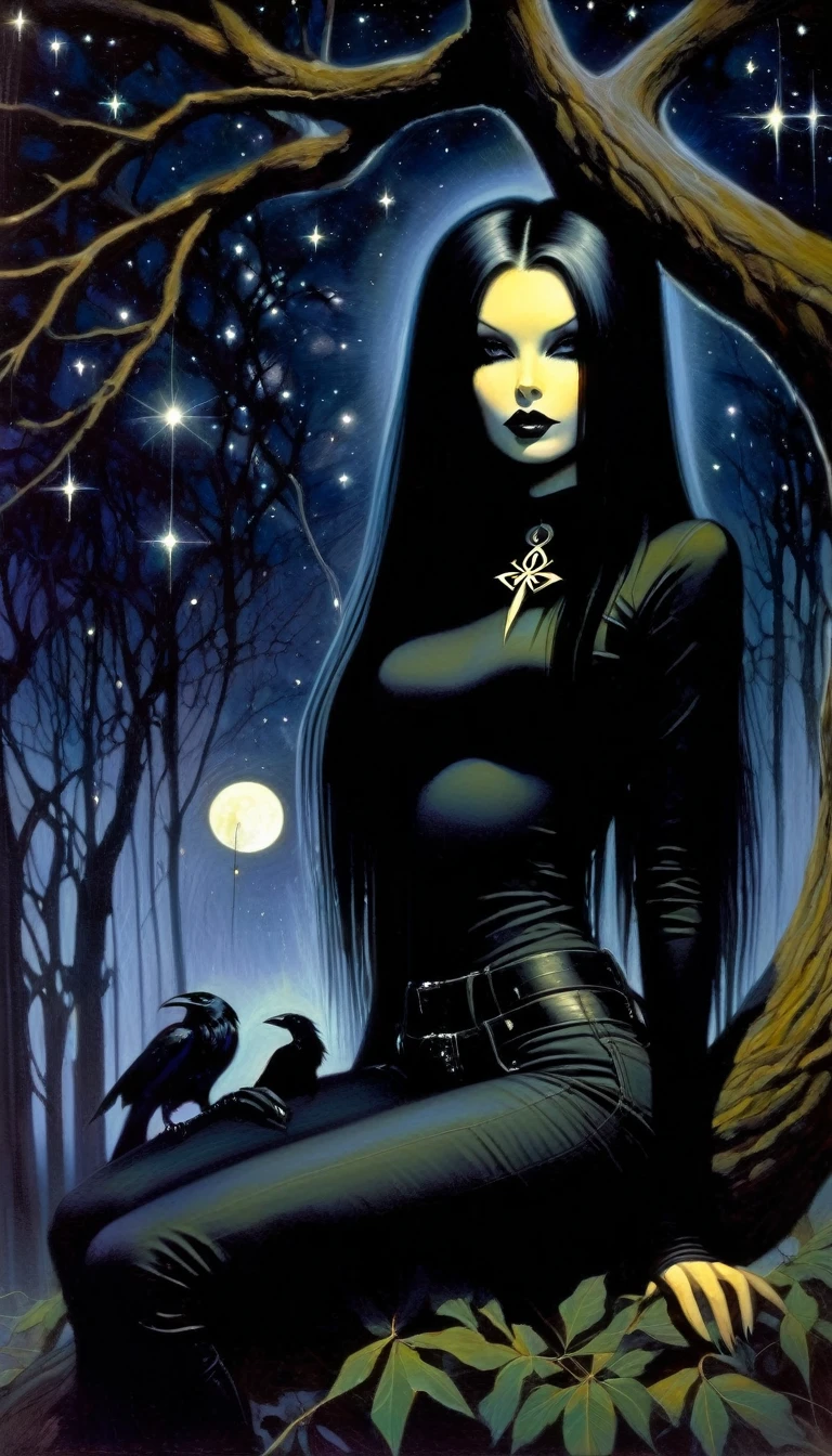 Sexy gothic girl, long black and straight hair, tight black t-shirt and jeans, small breasts, pale white skin tone, ankh symbol, a dark crow accompanies her, sitting under a tree with convoluted branches, magic, fantastic, night sky, moon , stars, background (simple oil painting in a Chris Bachalo style)
