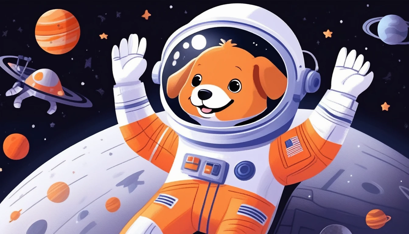 children's picture books,crayon paintings,black background,simple background,
A dog astronaut inside in spacecraft, happy, orange uniform, slowly approaching, with high definition and quality,