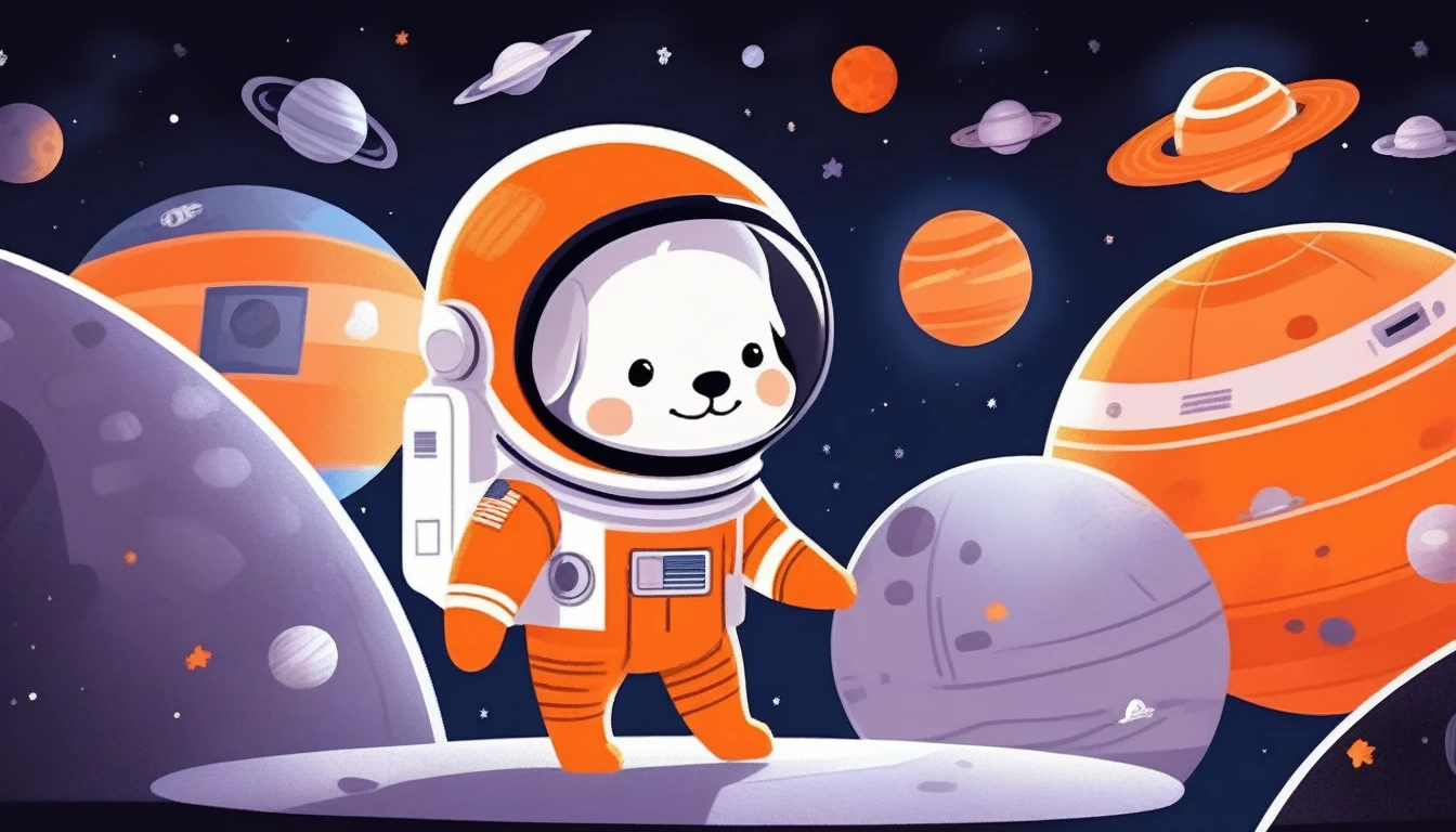 children's picture books,crayon paintings,black background,simple background,
A little dog astronaut inside in spacecraft, happy, orange uniform, slowly approaching, with high definition and quality,