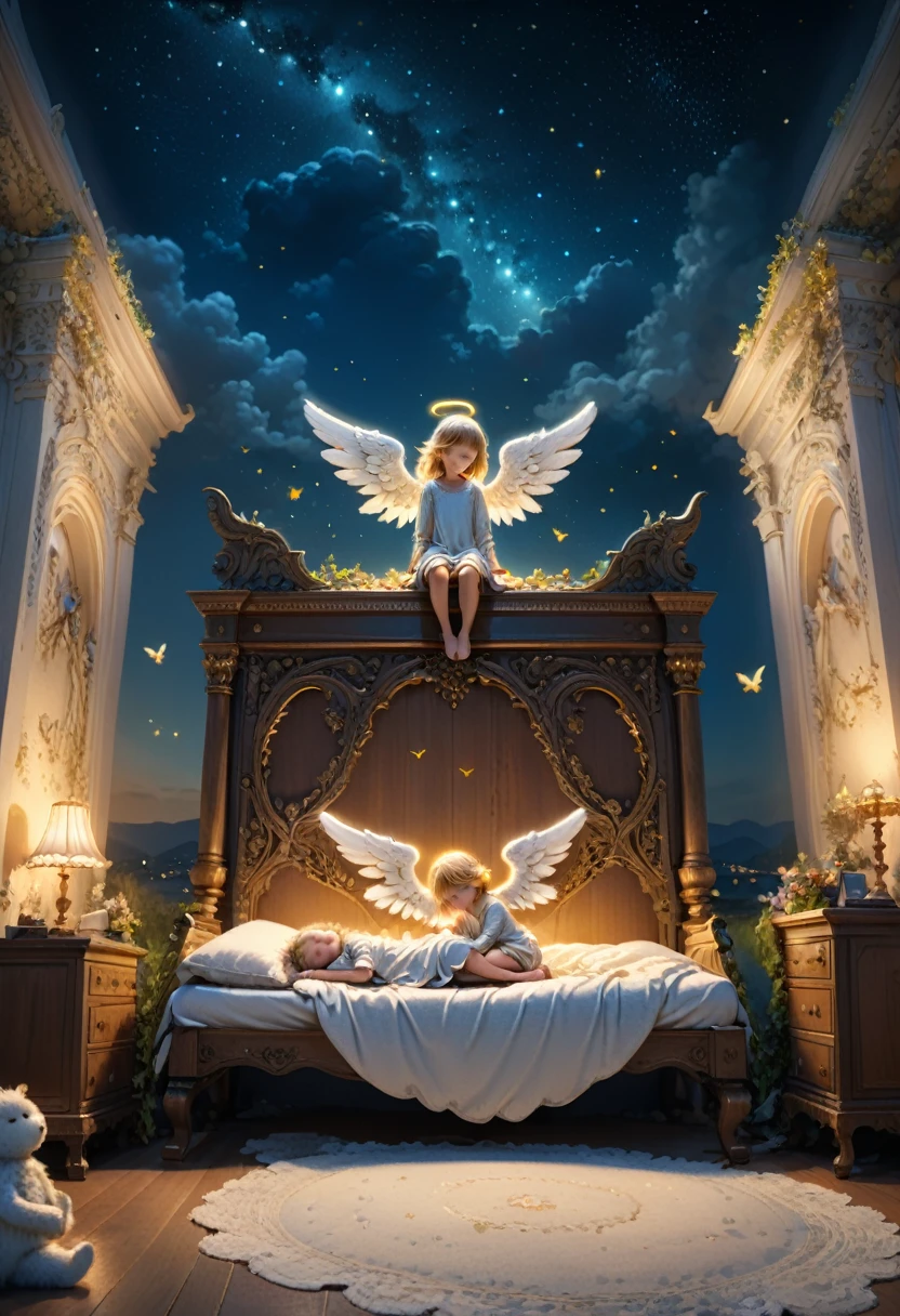 (angel), A pair of angel guard the sleeping children on a peaceful night, their wings gently covering the bedside. The background is a mysterious night sky and brilliant stars, wings, full body, (Photography), panoramic view, award-winning, cinematic still, emotional, vignette, dynamic, vivid, (masterpiece, best quality, Professional, perfect composition, very aesthetic, absurdres, ultra-detailed, intricate details:1.3)