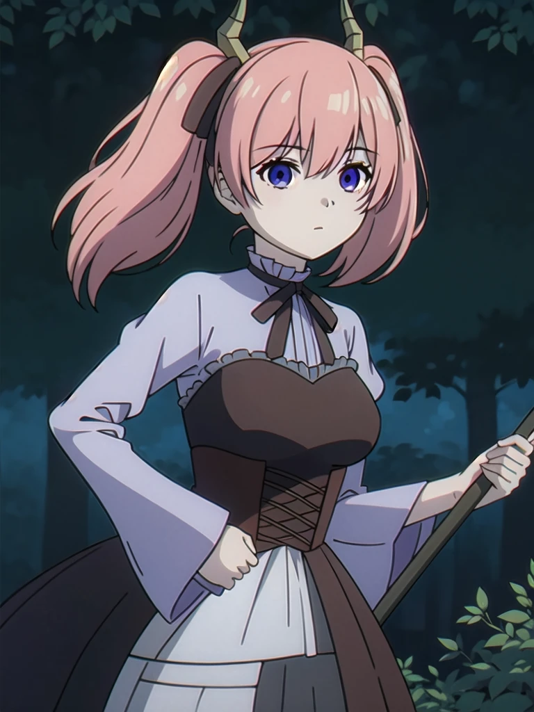 (((Best quality))),((Ultra-detailed)),((illustration)),((Disheveled hair)),((frilld)),(1 girl), 1girl,axe,bangs,black choker,black dress,black ribbon,breasts,choker,closed mouth,dark background,dress,eyebrows visible through hair,hair between eyes,hair ribbon,holding,holding weapon,horns,long hair,long sleeves,looking at viewer,medium breasts,neck ribbon,night,outdoors,polearm,puffy sleeves,ribbon,solo,twintails,weapon,pink hair,