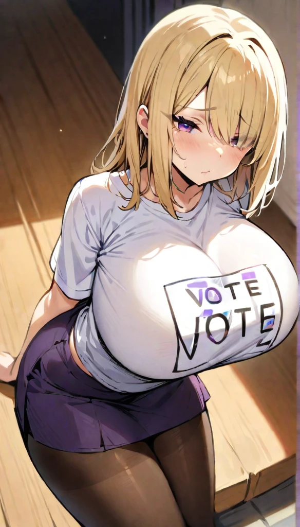 ((Best Quality)), ((Masterpiece)), (detailed), 1 girl, Pastel yellow hair, wide, hair covers one eye, purple eyes, tight, big breasts, big thighs, white voting t-shirt, purple skirt, brown pantyhose, pouting, serrated fists, desire to cry