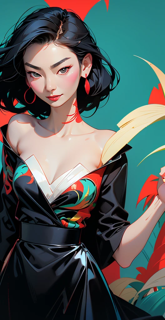 Flat Illustration artwork, ((Maggie cheung)) in a strapless dress standing in front of simple background, up close, wear dark sunglasses, korean pop-star, big smile, black hair, pretty hands, fringe, simple red background, palm trees, (graffiti wall:1.2), ((Art style by Patrick Nagel)), ((8k, wallpaper, detailed)), strong, courageous, art by Patrick Nagel, music album art cover