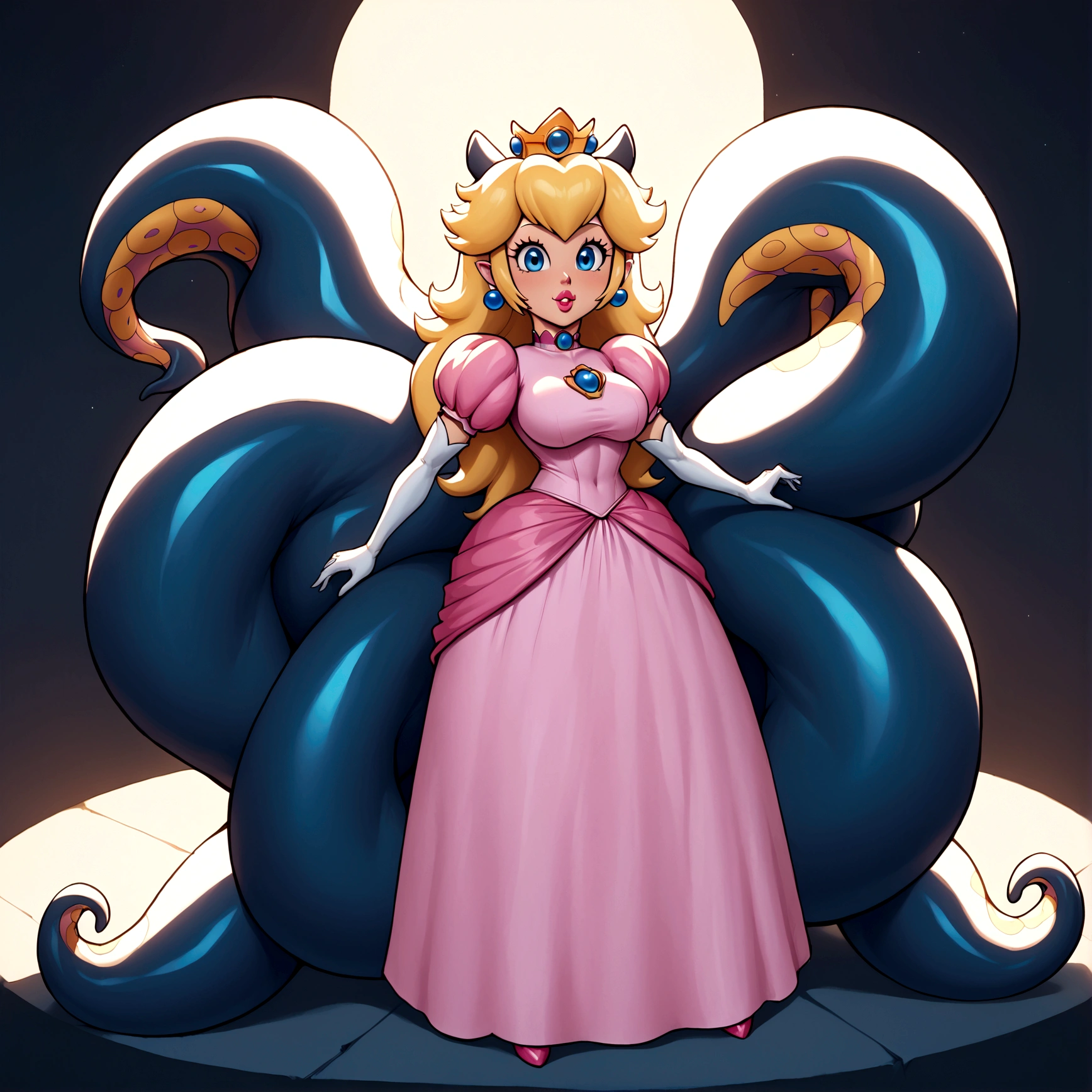 Princess Peach, ninomae tentacles, gigantic muscular body, big breasts, 4 arms, full body.