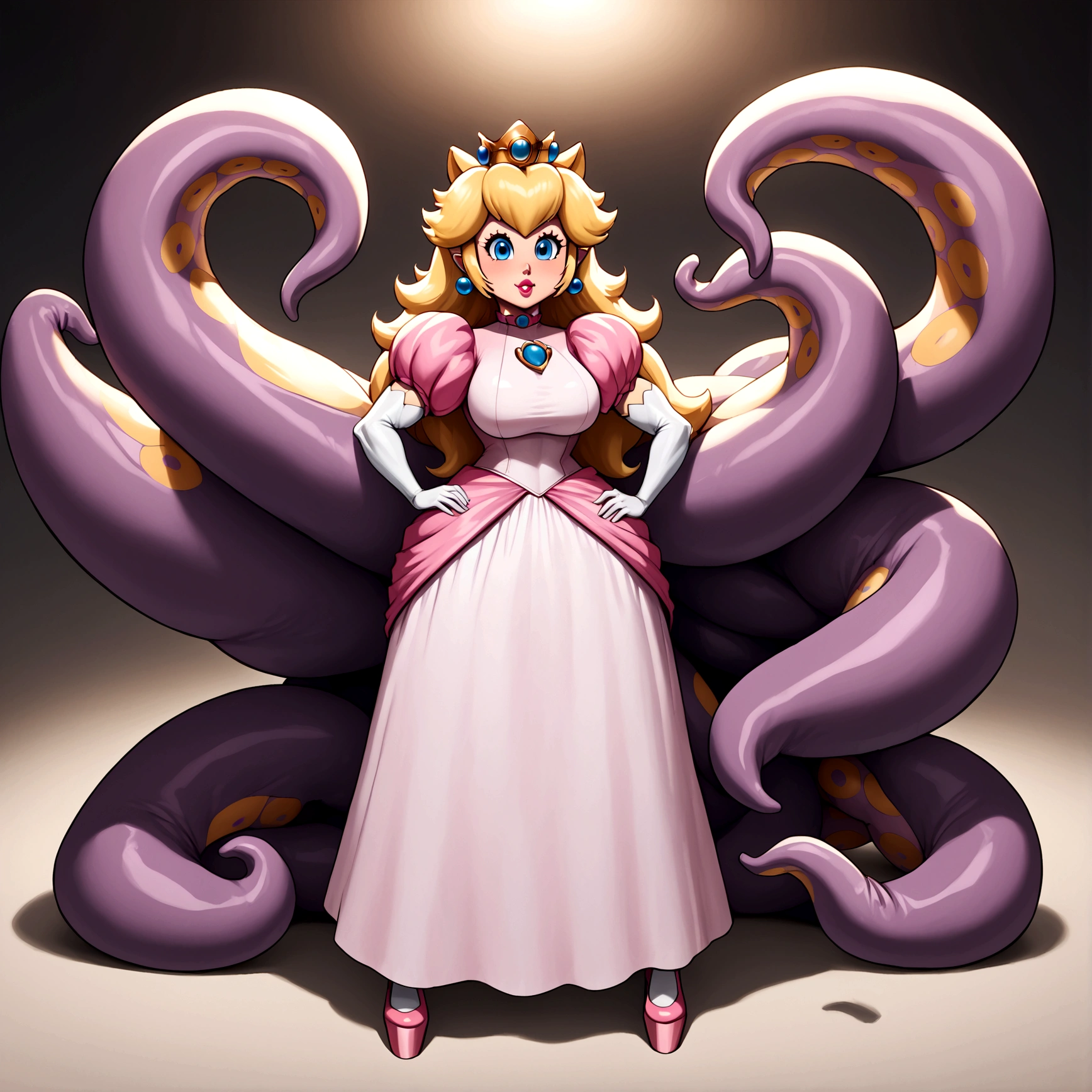 Princess Peach, ninomae tentacles, gigantic muscular body, big breasts, 4 arms, full body.