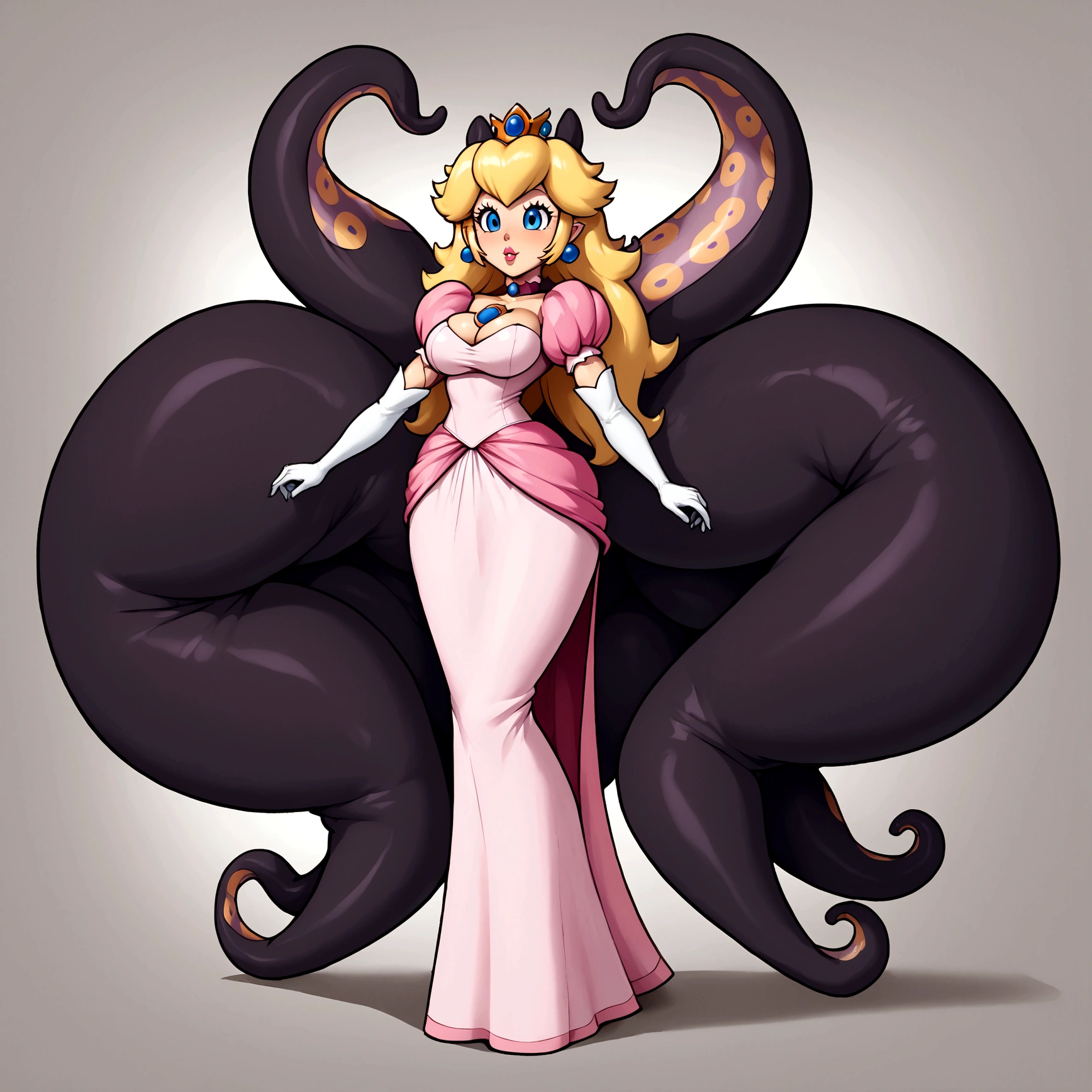 Princess Peach, ninomae tentacles, gigantic muscular body, big breasts, 4 arms, full body.