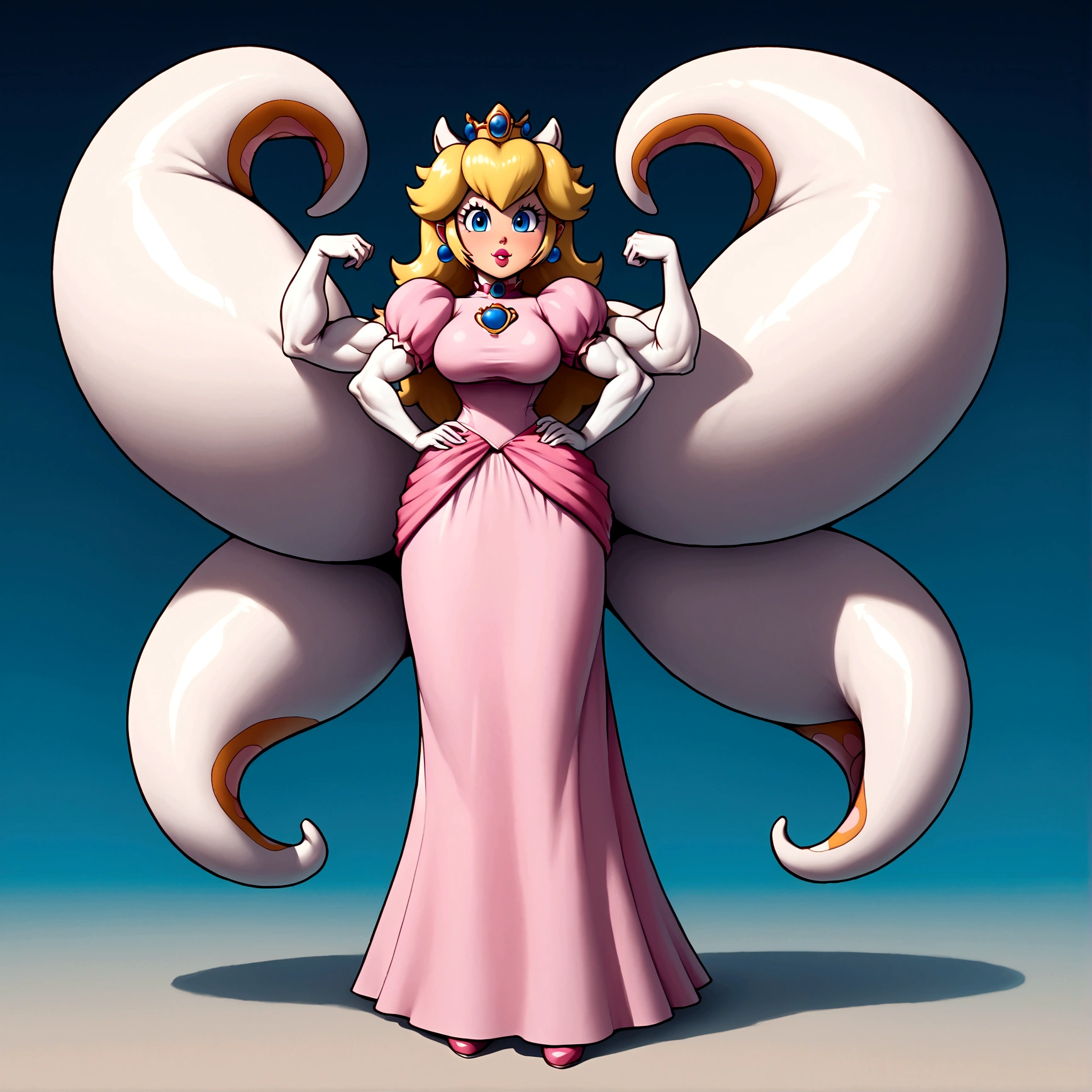 Princess Peach, ninomae tentacles, gigantic muscular body, big breasts, 4 arms, full body.