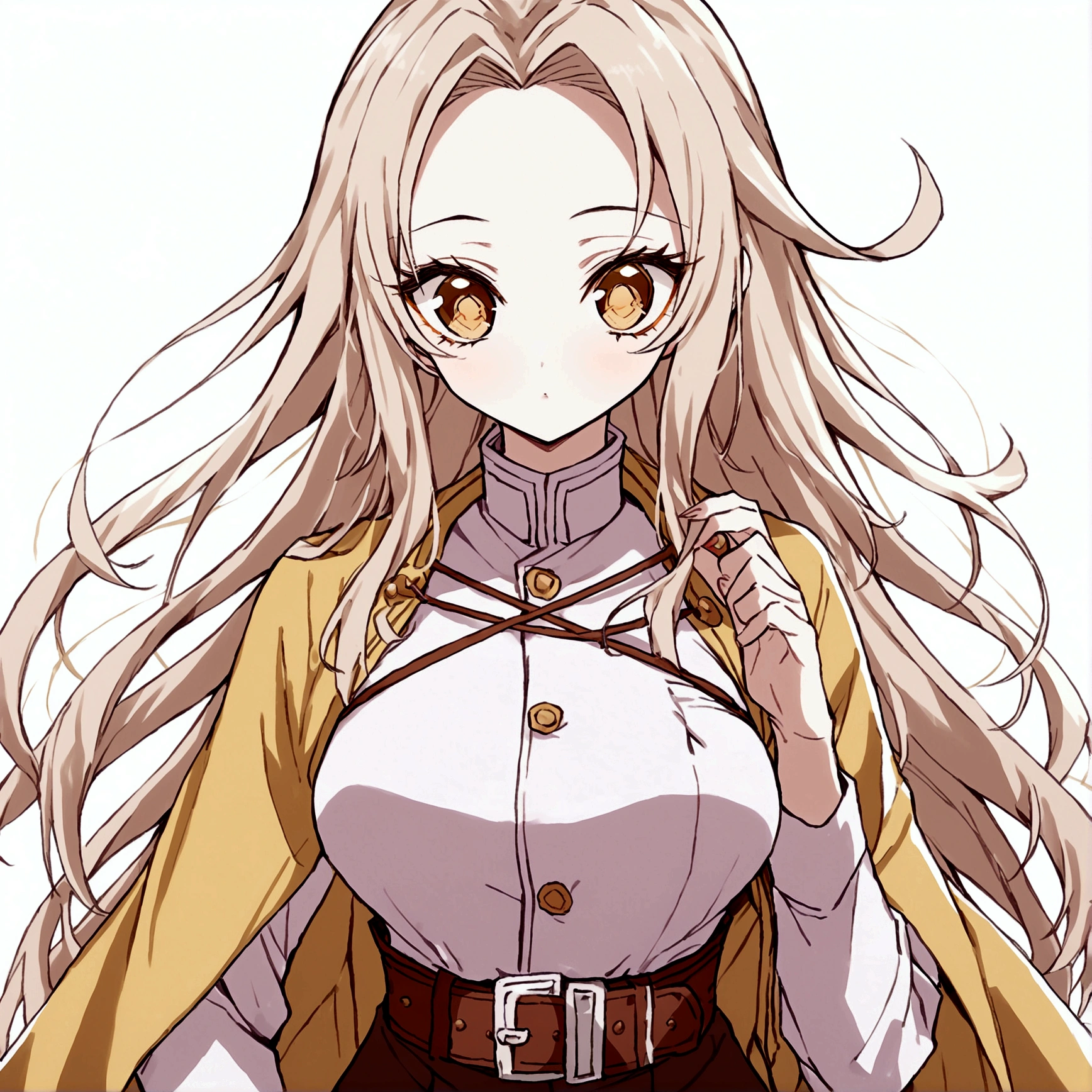 Kimetsu no Yaiba,long ash yellow hair,Brown eyes ,with demon hunter uniform, you have a neckline