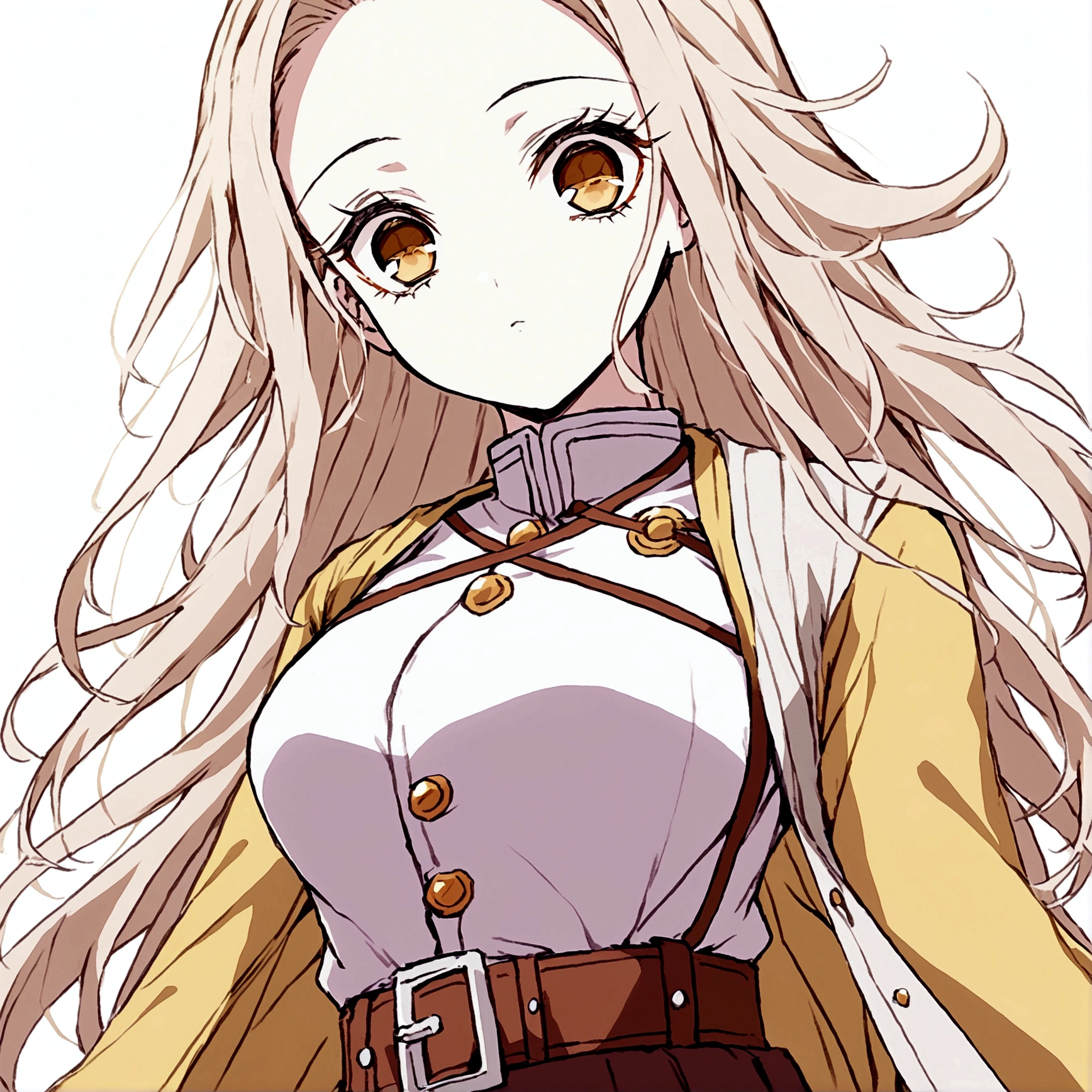Kimetsu no Yaiba,long ash yellow hair,Brown eyes ,with demon hunter uniform, you have a neckline