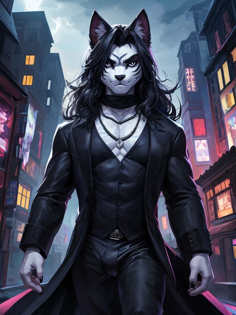 Ross Tran, ruan jia, trending on artstation, Male, (Male anthro cat:1.3), (Black fur with white fur patterns:1.1), (walking towards viewer:1.3), (Foggy night city:1.23), (Blank expression:1.3), detailed eyes, black nose, (detailed eyes), (sharp white eyes), detailed background, 8k hd, (dark shadows, wide dynamic range, hdr, low light:1.2), (Skinny physique), slight black eyeshadow, (Long wavy black hair), (black long coat, black turtleneck, silver necklace, black dress pants), ((Gothic)), dynamic pose, Facial close-up