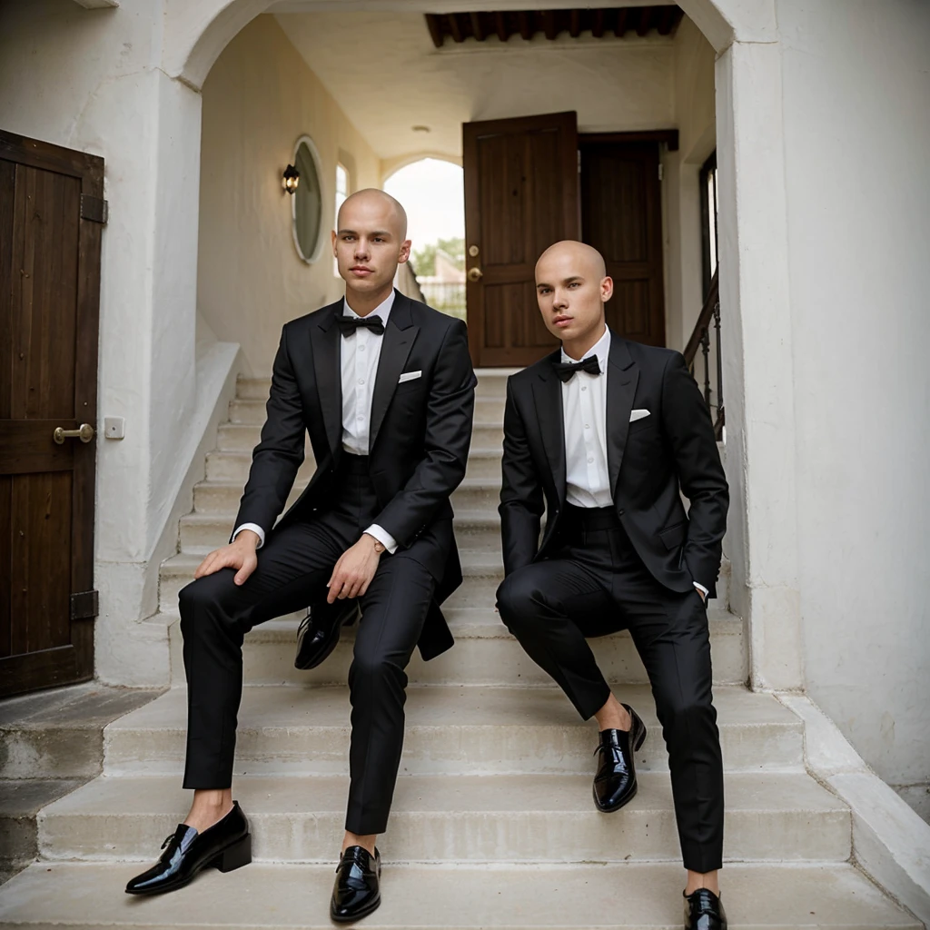 1 men, age 25, Scrawny, offwhite, baldie, formal outfit, chic, suit, social shoe, sitting on the stairs, casa chic, millionaire, luxury house