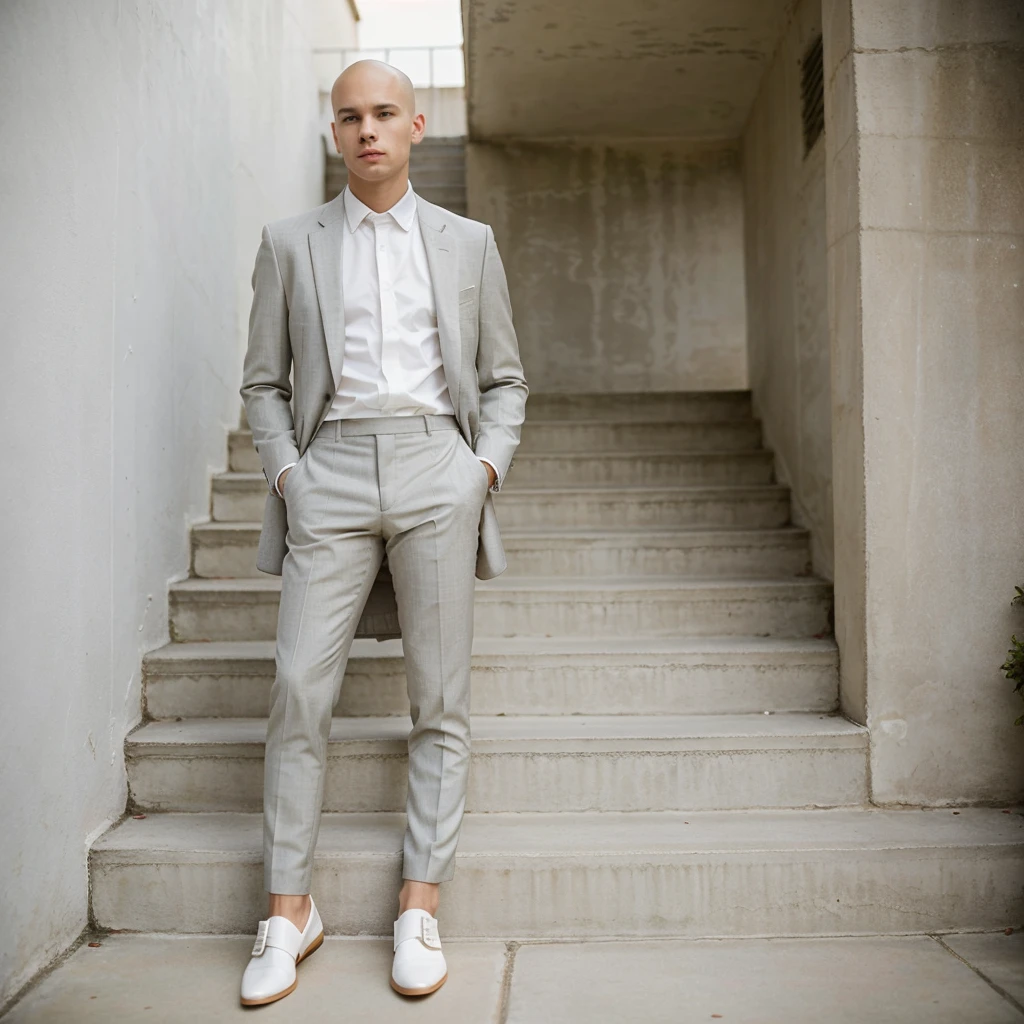 1 men, age 25, Scrawny, offwhite, baldie, formal outfit, chic, suit, social shoe, sitting on the stairs, casa chic, millionaire, luxury house