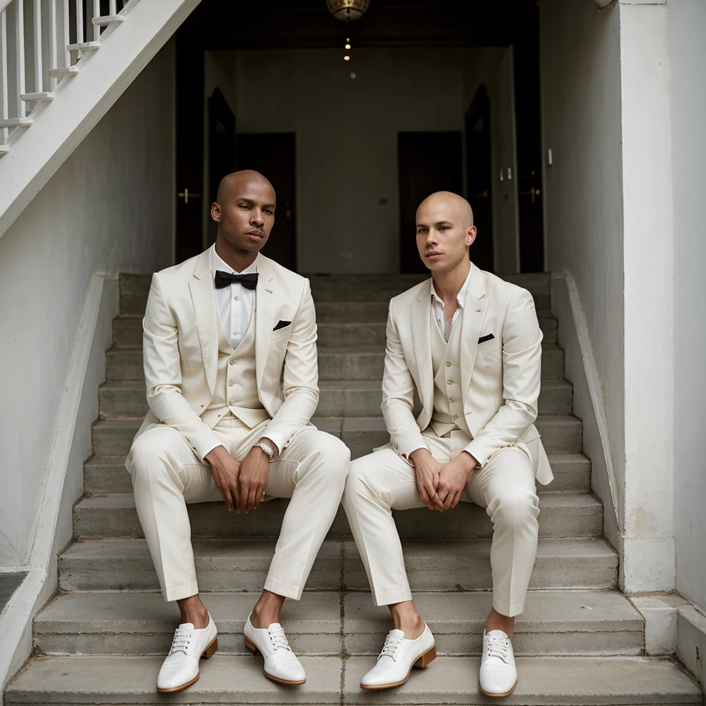 1 men, age 25, Scrawny, offwhite, baldie, formal outfit, chic, suit, social shoe, sitting on the stairs, casa chic, millionaire, luxury house
