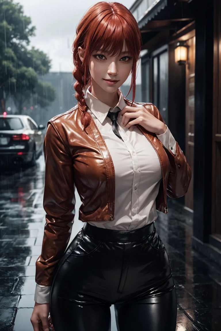 Chainsaw Man,Makima,With bangs,Red Hair,Braids at the back,Golden Eyes,White long sleeve shirt,Black tie,Black Leather Pants,Ultra HD,super high quality,masterpiece,Digital SLR,Photorealistic,Detailed Details部,Vivid details,Depicted in detail,A detailed face,Detailed Details,Super Detail,Realistic skin texture,Anatomical basis,Perfect Anatomy,Anatomically correct hand,Anatomically correct fingers,Complex 3D rendering,Sexy pose,Rainy Sky,Beautiful scenery,Fantastic rainy sky,Picturesque,Pink Lips,smile,