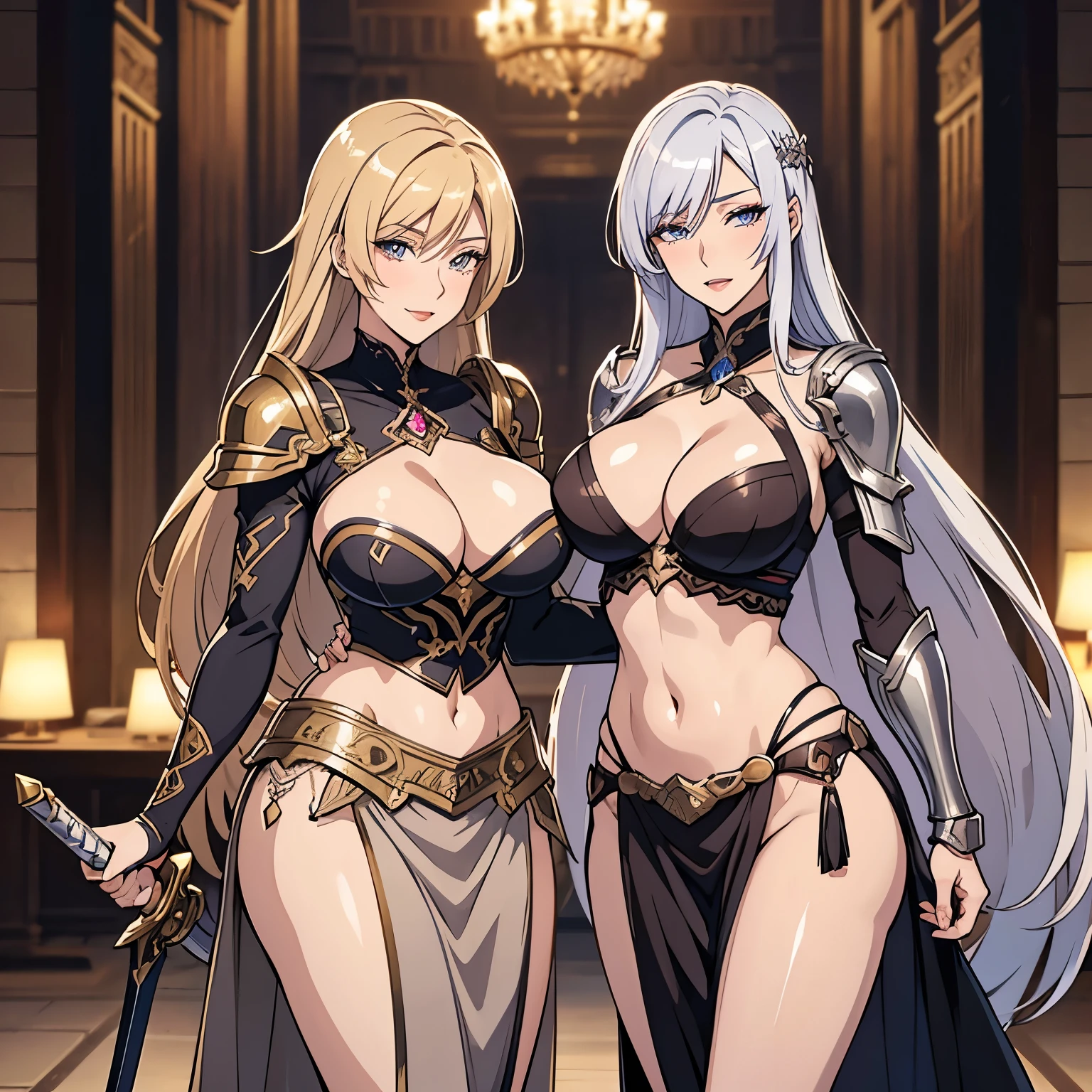 Elegant mature woman, beautiful, 2girl, two girl ,long hair,mature female,makeup,eyelashes,blush, lipstick, masterpiece, best quality, highly detailed, fantasy , a anime girls in armored dress holding a sword
posing for a picture, evil smile, smile, open mouth, breastplate with open cleavage, cleavage, warrior
outfit, ecchi anime style, anime girls, ecchi style, (nsfw) not safe for work, ecchi, digital anime art!!, in
anime style, official artwork, visual novel cg, beautiful anime girl, anime style 4 k , loincloth, exposed
belly, exposed navel, exposed midriff, exposed lower belly, pencil skirt armored, castle,inside castle