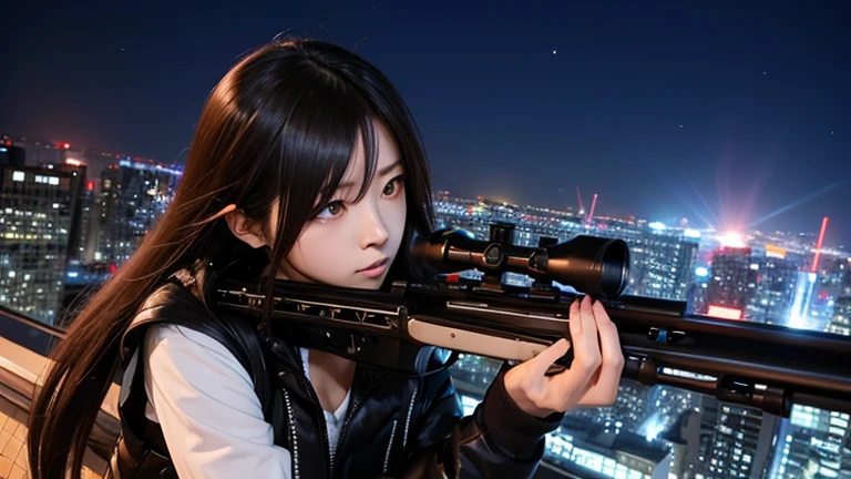 sniper, anime style, night, shooting from a high place, female, hair blowing in the wind, trying to shoot, Looking into the lens of a sniper rifle, face is turned to the side