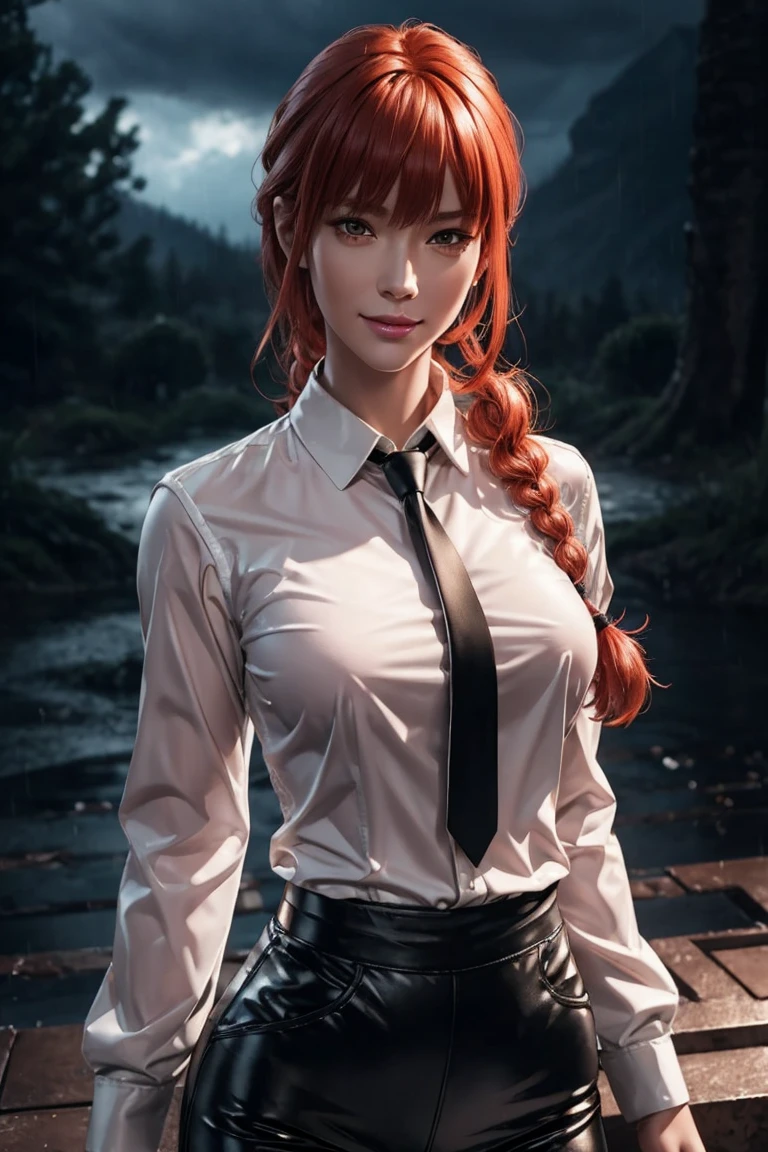 Chainsaw Man,Makima,With bangs,Red Hair,Braids at the back,Golden Eyes,White long sleeve shirt,Black tie,Black Leather Pants,Ultra HD,super high quality,masterpiece,Digital SLR,Photorealistic,Detailed details,Vivid details,Depicted in detail,A detailed face,Detailed details,Super Detail,Realistic skin texture,Anatomical basis,Perfect Anatomy,Anatomically correct hand,Anatomically correct fingers,Complex 3D rendering,Sexy pose,Rainy Sky,Beautiful scenery,Fantastic rainy sky,Picturesque,Pink Lips,smile,