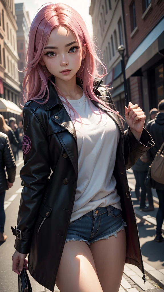 a masterpiece, best quality, highres, absurdres, 1girl, crowd, laced underwear, long trenchcoat, pink hair, gasai yuno, from below, revealing clothes, skindentation, outdoors, sunlight, street, looking at viewer, blush, detailed face, beautiful detailed eyes, beautiful detailed lips, extremely detailed face, long eyelashes, cinematic lighting, depth of field, volumetric lighting, photorealistic, digital painting, concept art, vibrant colors, dynamic pose