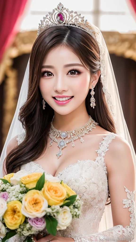 (Highest quality、Tabletop、8K、Best image quality、Award-winning works)、One beautiful bride、(alone:1.1)、(The most extravagant and gorgeous huge wedding dresses:1.1)、(Perfect Wedding Lace:1.2)、(The most extravagant and luxurious giant tiara:1.1)、(The most extravagant and luxurious giant necklace:1.1)、The most beautiful smile is looking at me、A wide selection of the finest jewellery、(Bridal upper body photo:1.1)、Perfect Makeup、Long eyelashes、Ultra HD Shining Eyes、Ultra HD Hair、Ultra-high resolution glossy lips、Ultra High Resolution Perfect Teeth、Super high resolution beautiful face、(Accurate anatomy:1.1)、(Very bright and beautiful skin:1.2)、(very bright and vivid:1.2)、(Luxury wedding venue background:1.1)