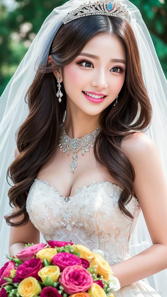 (Highest quality、Tabletop、8K、Best image quality、Award-winning works)、One beautiful bride、(alone:1.1)、(The most extravagant and gorgeous huge wedding dresses:1.1)、(Perfect Wedding Lace:1.2)、(The most extravagant and luxurious giant tiara:1.1)、(The most extravagant and luxurious giant necklace:1.1)、The most beautiful smile is looking at me、A wide selection of the finest jewellery、(Bridal upper body photo:1.1)、Perfect Makeup、Long eyelashes、Ultra HD Shining Eyes、Ultra HD Hair、Ultra-high resolution glossy lips、Ultra High Resolution Perfect Teeth、Super high resolution beautiful face、(Accurate anatomy:1.1)、(Very bright and beautiful skin:1.2)、(very bright and vivid:1.2)、(Luxury wedding venue background:1.1)