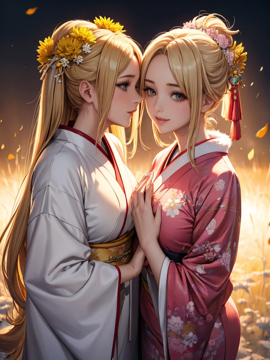 Highly detailed CG Unity 8k wallpaper, pretty girl, Mature blonde girl, Half Up,beautiful girl, Hot Maiden, Pale skin (super masterpiece, Beautiful person, well detailed face polluted smilee,   Her flat chest is hidden by her kimono、Realistic, Surreal), colorful red and pink winter kimono 、Has white fur、 wearing white gloves,Japanese style hair accessories,  (Light lighting)、smile,Upper Body 、Yellow chrysanthemum flower Japanese background, two girls is deeply in love with each other, kiss