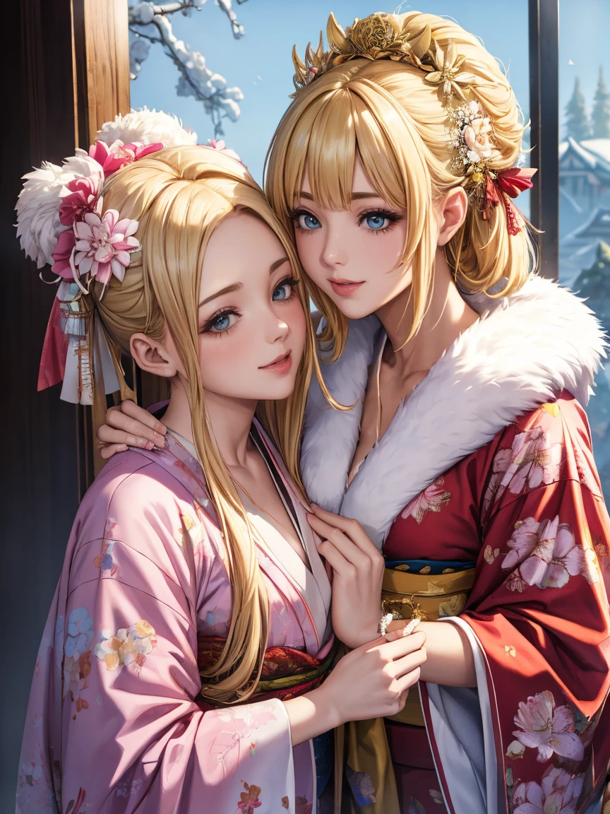 Highly detailed CG Unity 8k wallpaper, pretty girl, Mature blonde girl, Half Up,beautiful girl, Hot Maiden, Pale skin (super masterpiece, Beautiful person, well detailed face polluted smilee,   Her flat chest is hidden by her kimono、Realistic, Surreal), colorful red and pink winter kimono 、Has white fur、 wearing white gloves,Japanese style hair accessories,  (Light lighting)、smile,Upper Body 、Yellow chrysanthemum flower Japanese background, two girls is deeply in love with each other, kiss