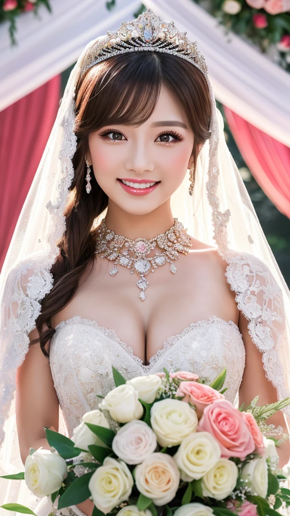 (Highest quality、Tabletop、8K、Best image quality、Award-winning works)、One beautiful bride、(alone:1.1)、(The most extravagant and gorgeous huge wedding dresses:1.1)、(Perfect Wedding Lace:1.2)、(The most extravagant and luxurious giant tiara:1.1)、(The most extravagant and luxurious giant necklace:1.1)、The most beautiful smile is looking at me、A wide selection of the finest jewellery、(Bridal upper body photo:1.1)、Perfect Makeup、Long eyelashes、Ultra HD Shining Eyes、Ultra HD Hair、Ultra-high resolution glossy lips、Ultra High Resolution Perfect Teeth、Super high resolution beautiful face、(Accurate anatomy:1.1)、(Very bright and beautiful skin:1.2)、(very bright and vivid:1.2)、(Luxury wedding venue background:1.1)