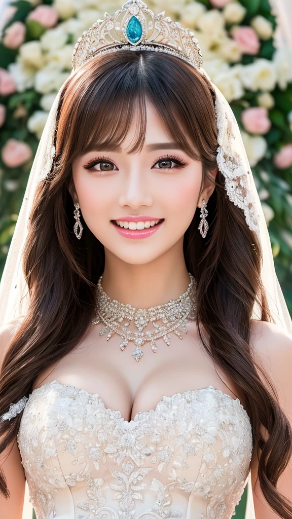 (Highest quality、Tabletop、8K、Best image quality、Award-winning works)、One beautiful bride、(alone:1.1)、(The most extravagant and gorgeous huge wedding dresses:1.1)、(Perfect Wedding Lace:1.2)、(The most extravagant and luxurious giant tiara:1.1)、(The most extravagant and luxurious giant necklace:1.1)、The most beautiful smile is looking at me、A wide selection of the finest jewellery、(Bridal upper body photo:1.1)、Perfect Makeup、Long eyelashes、Ultra HD Shining Eyes、Ultra HD Hair、Ultra-high resolution glossy lips、Ultra High Resolution Perfect Teeth、Super high resolution beautiful face、(Accurate anatomy:1.1)、(Very bright and beautiful skin:1.2)、(very bright and vivid:1.2)、(Luxury wedding venue background:1.1)