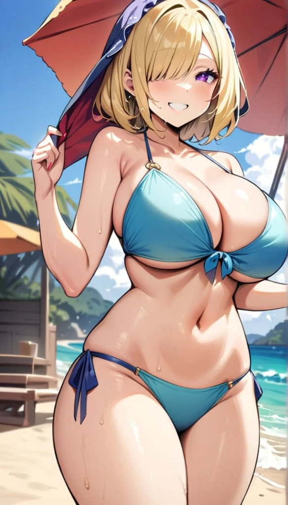 ((Best Quality)), ((Masterpiece)), (detailed), 1 girl, Pastel yellow hair, wide, hair covers one eye, purple eyes, big breasts, big thighs, expression smiling shy, Swimsuit, in a beach