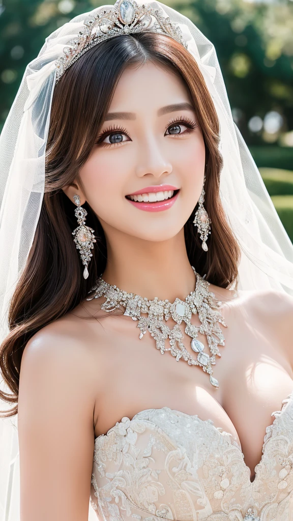 (Highest quality、Tabletop、8K、Best image quality、Award-winning works)、One beautiful bride、(alone:1.1)、(The most extravagant and gorgeous huge wedding dresses:1.1)、(Perfect Wedding Lace:1.2)、(The most extravagant and luxurious giant tiara:1.1)、(The most extravagant and luxurious giant necklace:1.1)、The most beautiful smile is looking at me、A wide selection of the finest jewellery、(Bridal upper body photo:1.1)、Perfect Makeup、Long eyelashes、Ultra HD Shining Eyes、Ultra HD Hair、Ultra-high resolution glossy lips、Ultra High Resolution Perfect Teeth、Super high resolution beautiful face、(Accurate anatomy:1.1)、(Very bright and beautiful skin:1.2)、(very bright and vivid:1.2)、(Luxury wedding venue background:1.1)
