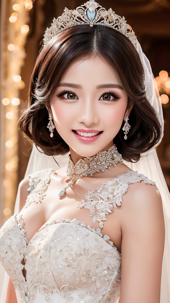 (Highest quality、Tabletop、8K、Best image quality、Award-winning works)、One beautiful bride、(alone:1.1)、(The most extravagant and gorgeous huge wedding dresses:1.1)、(Perfect Wedding Lace:1.2)、(The most extravagant and luxurious giant tiara:1.1)、(The most extravagant and luxurious giant necklace:1.1)、The most beautiful smile is looking at me、A wide selection of the finest jewellery、(Bridal upper body photo:1.1)、Perfect Makeup、Long eyelashes、Ultra HD Shining Eyes、Ultra HD Hair、Ultra-high resolution glossy lips、Ultra High Resolution Perfect Teeth、Super high resolution beautiful face、(Accurate anatomy:1.1)、(Very bright and beautiful skin:1.2)、(very bright and vivid:1.2)、(Luxury wedding venue background:1.1)