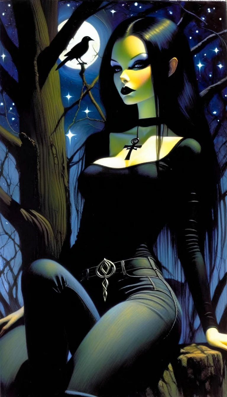 A woman with pale white skin, and completely red and glowing eyes. Her hair is long and black. She has long, sharp snakelike fangs, and her entire body appears to be decomposing, with some bones showing and slightly necrotic skin, although she is beautiful and well-muscled. She is sitting on a rock, on a green hill, and appears to be preparing poison in a glass bottle. She maintains a lively and cheerful expression as she does so.