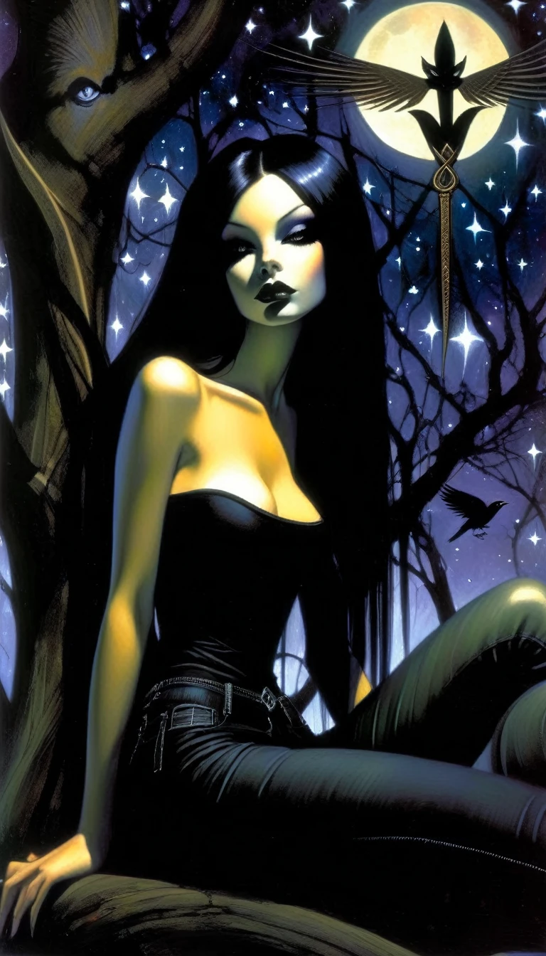 Sexy gothic girl, long black and straight hair, tight black t-shirt and jeans, small breasts, pale white skin tone, ankh symbol, a dark crow accompanies her, sitting under a tree with convoluted branches, magic, fantastic, night sky, moon , stars, background (simple oil painting in a Chris Bachalo style)
