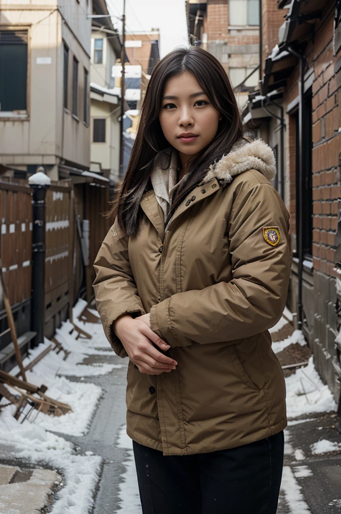 photorealistic、realistic skin texture、A beautiful Japanese woman belonging to the American military is in a city of winter rubble.、alley、old brick building、I'm on guard、Backpack、tactical puffer jacket、baseball cap、automatic rifle、bulletproof ves snowing、moving action pose、muddy boots