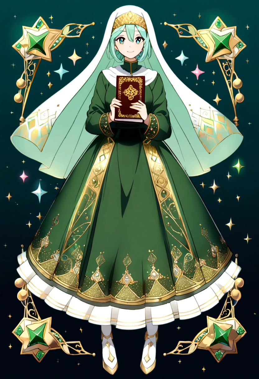 2D anime style art of a girl, adult girl, full body, wearing green hijab green gamis dress, hair covered completely with the inside of a white hijab, holding a Koran with an intricate gold design, light smile against a adjusted background of pastel stars and sparkles