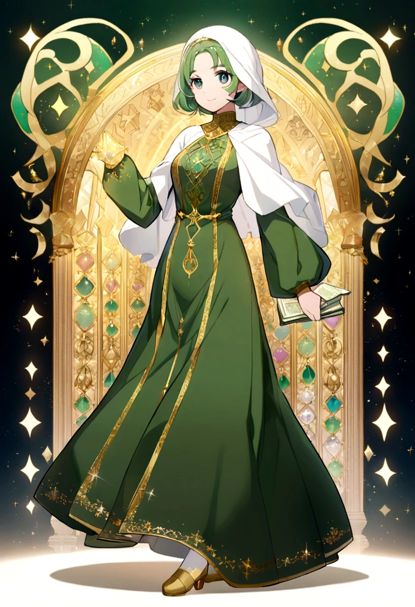 2D anime style art of a girl, adult girl, full body, wearing green hijab green gamis dress, hair covered completely with the inside of a white hijab, holding a Koran with an intricate gold design, light smile against a adjusted background of pastel stars and sparkles