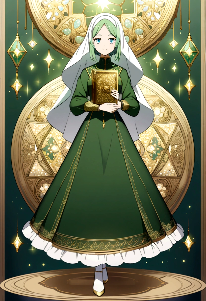 2D anime style art of a girl, adult girl, full body, wearing green hijab green gamis dress, hair covered completely with the inside of a white hijab, holding a Koran with an intricate gold design, light smile against a adjusted background of pastel stars and sparkles