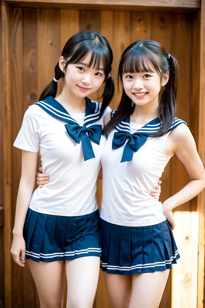 2 girls walking in wooden school classroom,white micro bikini,18-year-old,bangs,a little smile,thighs,knees,short hair with low pigtails bunches with sailor ribbon bow,from below,front light